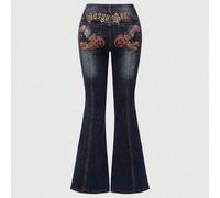 Shein Jeans de tiro bajo con figura de motocicleta de dibujos animados y bordado de bandera americana estilo Y2K