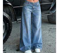 Shein Jeans de tiro bajo, corte holgado y pierna ancha con bolsillos decorativos para mujer, 100% algodón, de RueChic