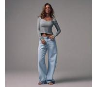 Shein Jeans de tiro medio con ajuste holgado, lavado azul claro con detalles de botones plateados, de tiro medio, casuales, para otoño e invierno, para sali