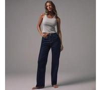 Shein Jeans de tiro medio con pierna recta, lavado azul oscuro, tiro alto, de uso casual para otoño e invierno, para salir de noche, volver al colegio, la o