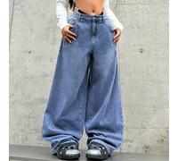 Shein Jeans informales de talla grande para mujer, pantalones anchos de pierna ancha, jeans azules apilados, jeans holgados de talle bajo