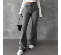 Shein Jeans Largos Acampanados De Cintura Alta Para Mujeres Con Efecto Desgastado