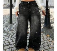 Shein Jeans rectos casuales sueltos de lavado retro negro para mujer de talla grande, jeans negros con rhinestones, ropa de Año Nuevo, Navidad.