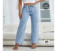 Shein Jeans rectos de talle medio con aplicaciones de perlas en azul oscuro para mujer de talla grande, versátiles para uso casual y diario - Ropa de otoño