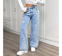 Shein Jeans rectos de tiro alto con diseño de cristales brillantes para mujer, colección de fiesta de otoño/invierno, Navidad y Año Nuevo, color azul claro