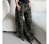 Shein Jeans rectos holgados de camuflaje verde militar talla grande para mujer, motocicleta de otoño