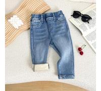 Shein Jeans Skinny Elásticos Forrados de Felpa Azul Denim Cálidos Básicos Casuales para Niño Bebé Otoño/Invierno, Para Regreso a la Escuela Ropa de Calle, J
