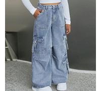 Shein Jeans sueltos y casuales estilo Y2K para niña preadolescente con bolsillos, pliegues y diseño de pierna ancha. Jeans casuales de niña con botones, bol