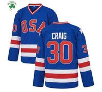 Shein Jersey de hockey del equipo de 1980 Jim Craig "Milagro en el Hielo", color azul, bordado y cosido, ropa deportiva casual, entrenamiento, sudadera de m