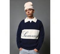Shein Jersey tipo varsity de punto, estilo retro deportivo con cuello de polo, manga larga, parte superior atlética con bordado de letra clásica de espíritu