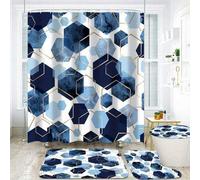 Shein Juego de 1/3/4 cortinas de ducha azules, juego de baño moderno de arte geométrico en azul marino, con 12 ganchos, alfombra de baño, tapete y alfombra