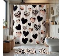 Shein Juego de 1/4 piezas de cortina de baño con tema de corazón en negro y dorado, que incluye alfombra de baño, tapa de inodoro en forma de U, cortina de