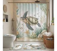Shein Juego de 1/4 piezas para baño con temática de coral y tortuga marina, que incluye cortina de ducha, alfombra de baño, alfombrilla en forma de U para e