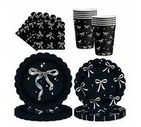 Shein Juego de 10/20/50 piezas con platos, servilletas y vasos de 9" y 7" con lazos en blanco y negro para decoraciones de fiesta de graduación, cumpleaños,