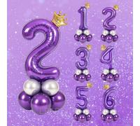 Shein Juego de 10 globos morados y plateados para cumpleaños - 32" globos morados con números del 0 al 9, globo con corona dorada en miniatura, globos de lá