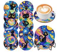 Shein Juego de 10 piezas Posavasos con soporte con diseño de gato y luna en 5D, kit de pintura de diamantes de cristal, aislamiento térmico
