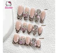 Shein Juego de 10 uñas postizas de Sanrio con estampado de leopardo, con pedrería brillante 3D, calcomanías de Hello Kitty, uñas francesas hechas a mano, di