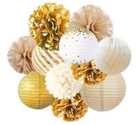 Shein Juego de 11 piezas Linternas de bolas de peluche doradas, adecuadas para fiestas, bodas, celebraciones, revelación de género, cumpleaños, reuniones fe