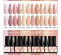 Shein Juego de 12 piezas de esmalte de uñas en gel de color nude con brillo holográfico, removible con remojo y barniz de uñas en gel UV para arte de uñas