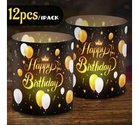 Shein Juego de 12 portavelas de cumpleaños, decoración de sobremesa festiva en negro y dorado, pantallas de plástico para velas de té que brillan para la de
