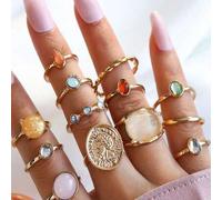 Shein Juego de 13 piezas de anillos con retratos en relieve de rhinestone, elegantes y creativos de estilo francés minimalista barroco retro con colores de