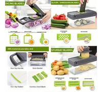 Shein Juego de 16 en 1/14 en 1 Picador de verduras y cebollas, máquina de corte multifuncional con cesta coladora, picador de zanahorias y ajos con recipien