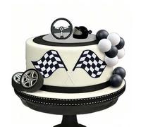 Shein Juego de 16 piezas de decoración de pastel con bandera de carreras, incluye casco de motocicleta, volante, decoración de fiesta de cumpleaños del prim