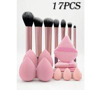 Shein Juego de 17 piezas de brochas de maquillaje y esponjas profesionales. Incluye brochas para sombras de ojos, polvos, rubor y mezcla de líquidos. El set