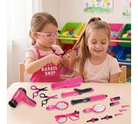 Shein Juego de 17 piezas de salón de belleza para niños, secador de pelo simulado, rizador y delantal de barbero, juego de rol de belleza para la casa, rega