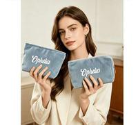 Shein Juego de 2 piezas de bolsa de maquillaje de pana personalizada (incluye bolsa de aseo & bolsa de maquillaje), admite impresión de nombre, 8 opciones d