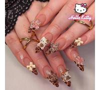 Shein Juego de 24 piezas de arte de uñas francesas 3D de estilo Y2K, incluye decoraciones de Hello Kitty, moño, estrella y flores de gel, estilo rosa y feme