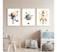 Shein Juego de 3 para la guardería Soñador cósmico: 1/3 Impresiones de aventura espacial con astronauta flotante, anillos de Saturno y cohete vintage - Excl