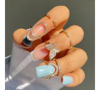 Shein Juego de 3 piezas Anillo de uñas con forma de armadura, incrustado con diamantes en forma de lágrima de zirconia, estilo europeo y americano, joyería