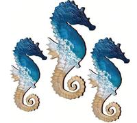 Shein Juego de 3 piezas de decoración de pared con caballitos de mar estilo mediterráneo, obra de arte náutica reutilizable de madera para decoración del ho