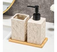 Shein Juego de 3 piezas de dispensador de jabón estilo Wabi-Sabi con diseño de nube y roca, juego de dispensadores beige y gris, dispensador de jabón bohemi