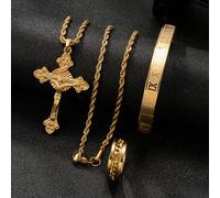 Shein Juego de 3 piezas de joyería para hombre chapado en oro de 18K, incluye collar con colgante de cruz de Jesús de 60cm/23.62in, collar de cadena retorci