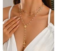 Shein Juego de 3 piezas/Set de collar de estilo vintage francés con colgante de Virgen María & Cruz, cadena en forma de Y con perlas falsas y collar de clav