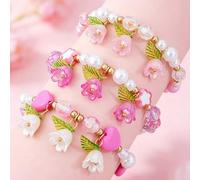 Shein Juego de 3 pulseras de cuentas con encanto de flor de campana para niñas, pulseras de cuentas de cristal con corazón rosa & perlas falsas, regalos de