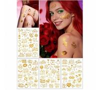 Shein (Juego de 4 hojas) Tatuajes temporales de boda con corazones, coronas y letras de láser de hojalata, que contienen elementos como copa de vino, rosa,