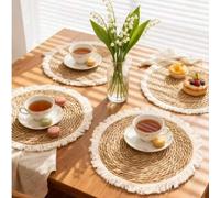 Shein Juego de 4 manteles individuales redondos tejidos a mano de ratán con borlas, manteles decorativos para mesa, almohadillas aislantes del calor, decora