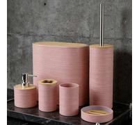 Shein Juego de 4 piezas/6 piezas de accesorios de baño minimalistas modernos, juego de tocador de baño con tapa de bambú a rayas, suministros de baño de plá