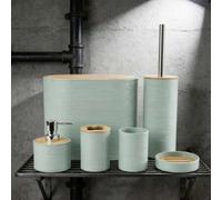 Shein Juego de 4 piezas/6 piezas de accesorios de baño minimalistas modernos, juego de tocador de baño con tapa de bambú a rayas, artículos esenciales de ba