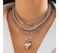 Shein Juego de 4 piezas de collares minimalistas elegantes de plata en capas, con cierre OT, cadena de cuentas y cadena de clip de papel, collar corto con c