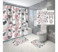 Shein Juego de 4 piezas para baño con diseño de corazón y rama, incluye cortina de ducha con 12 ganchos, alfombra de baño antideslizante, alfombra en forma