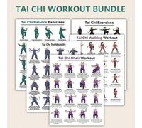 Shein Juego de 5 pósteres de ejercicios de Tai Chi, 20.32X25.4cm, tablas de entrenamiento de equilibrio y flexibilidad, guía de Tai Chi en silla y caminata,