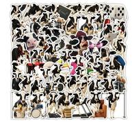 Shein Juego de 50 pegatinas de vacas de dibujos animados en blanco y negro, vacas haciendo yoga y tocando la batería, a prueba de agua para portátil, funda