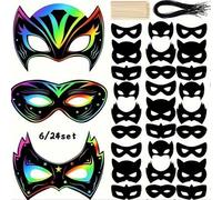 Shein Juego de 6/24 máscaras de héroe para arte de rascar con banda elástica y estilete de madera - Adecuado para manualidades DIY, mascarada, carnaval, Pas