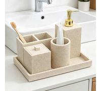 Shein Juego de 6 piezas de accesorios de baño de resina, estilo moderno de granja, incluye portacepillos de dientes, dispensador de jabón, bandeja, vaso, so