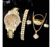 Shein Juego de 6 piezas de relojes de pulsera de cuarzo de lujo para niñas con cristales, reloj analógico de moda hip-hop y juego de joyería, regalo para ni