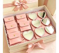 Shein Juego de 8 piezas de espejo de maquillaje con forma de corazón y bolsa de maquillaje, espejo de maquillaje de vidrio rosa con bolsa de maquillaje a ju